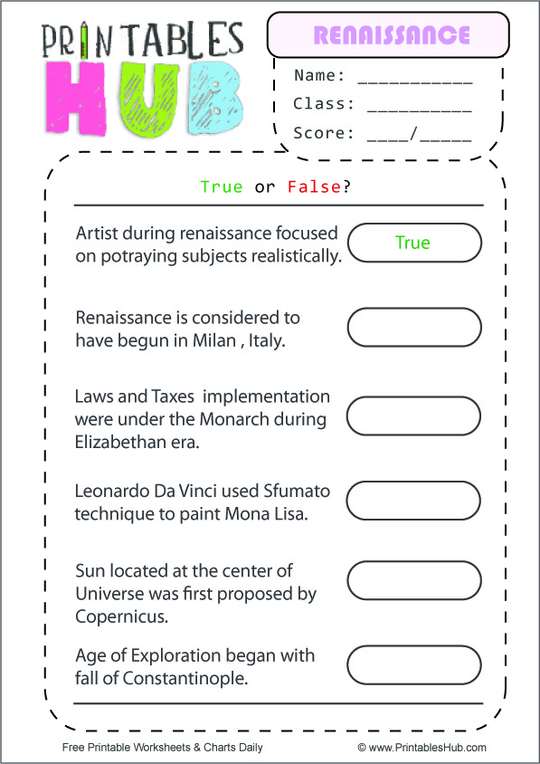 Free Printable Renaissance Worksheets For High School PDF