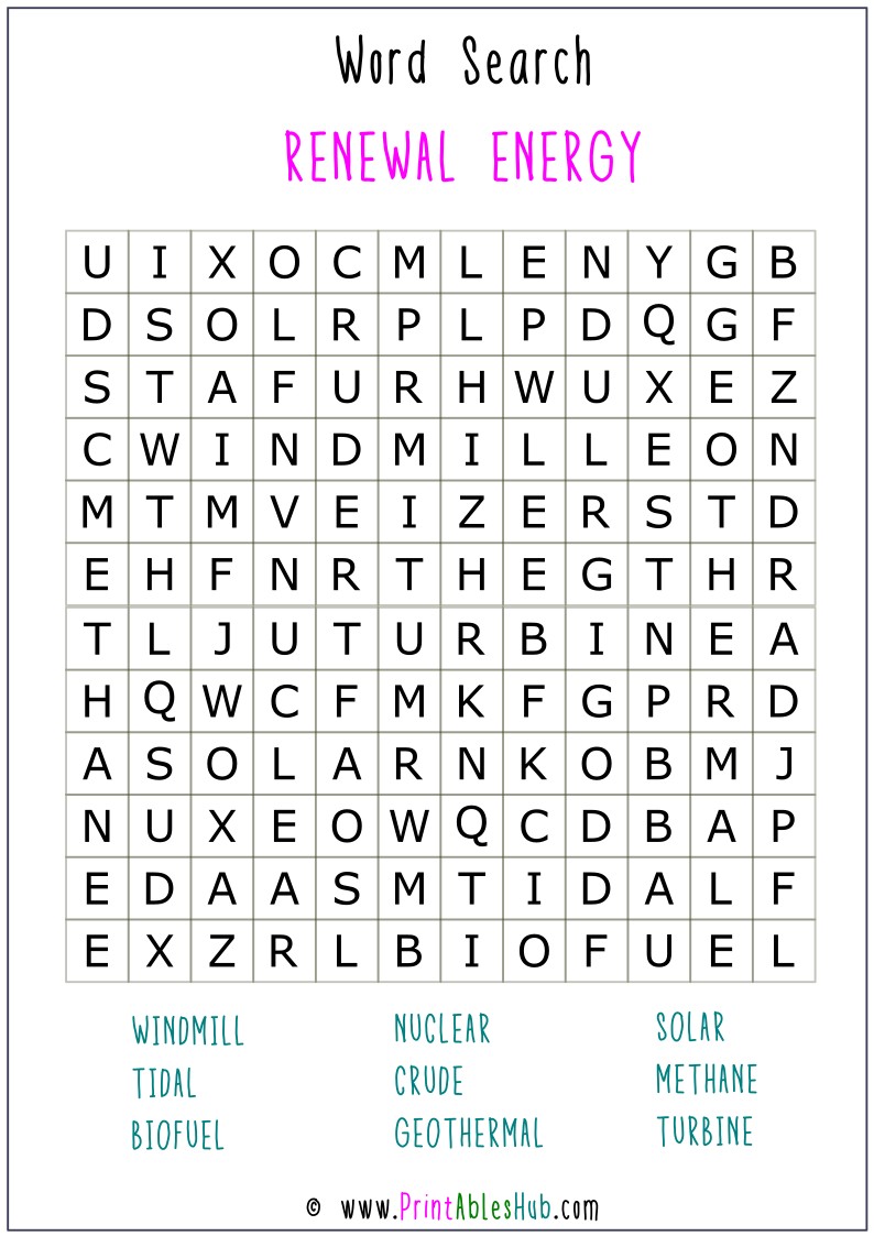 Free Printable Energy Word Search Puzzles With Answer Key [PDF