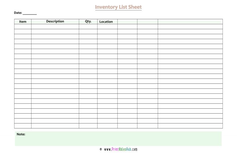 Free Printable Inventory List Sheet Template [PDF] - Printables Hub