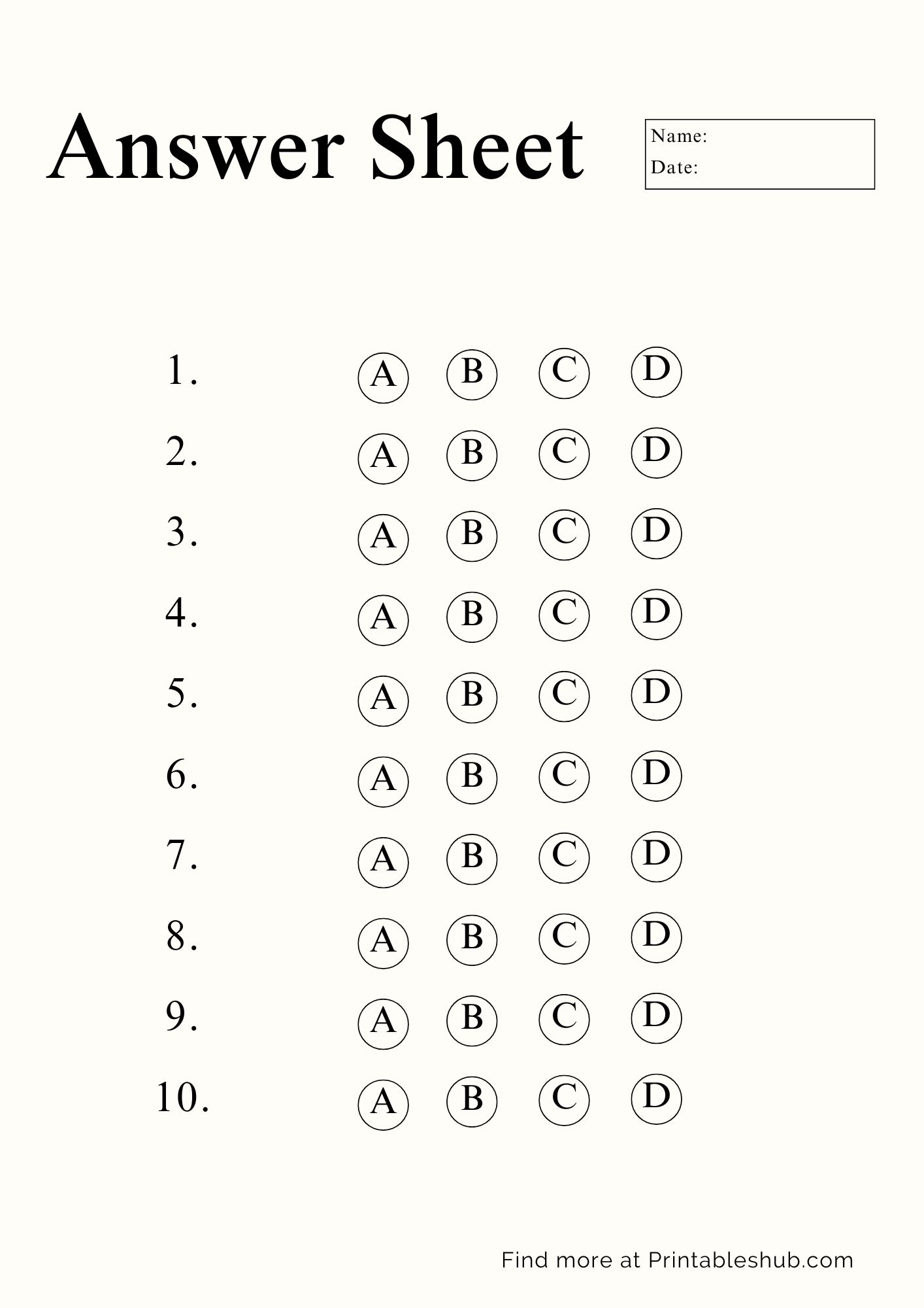 Free Printable Blank Answer Sheet Templates [1-10, 1-20, 1-30, 1-40, 1 ...
