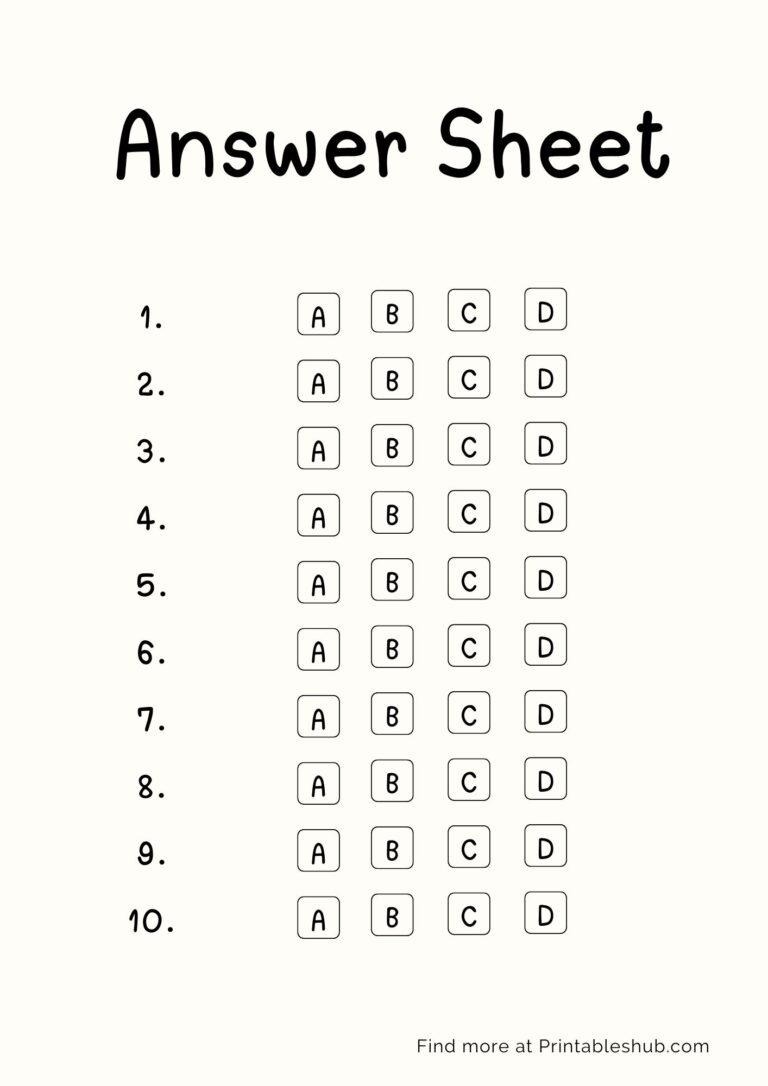 Free Printable Blank Answer Sheet Templates [1-10, 1-20, 1-30, 1-40, 1 ...