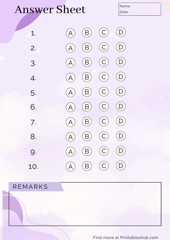 Free Printable Blank Answer Sheet Templates [1-10, 1-20, 1-30, 1-40, 1 ...