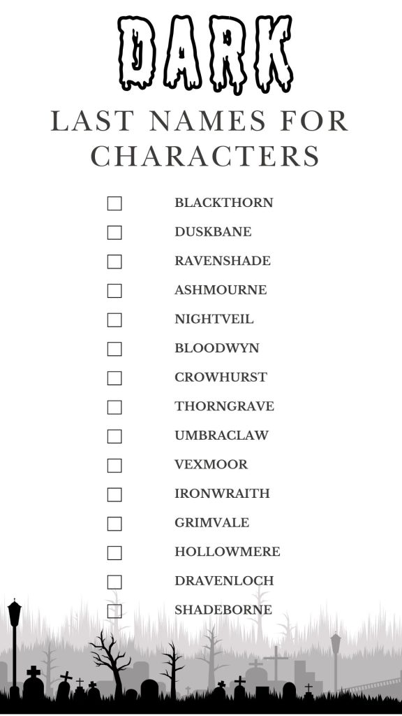 Printable List of Dark Last Names For Characters