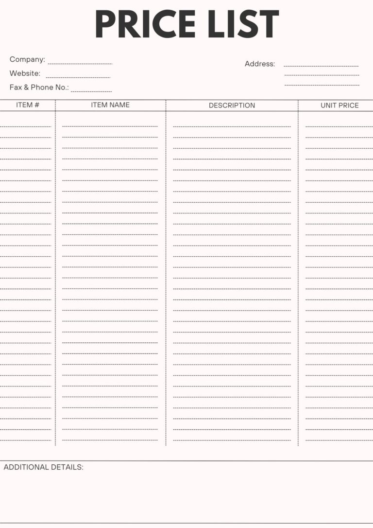 Printable Price List Sheet Templates [PDF Included] - Printables Hub