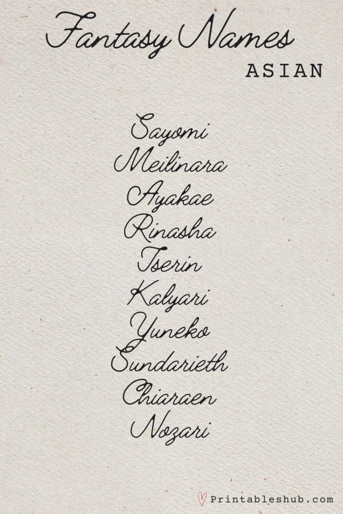 Printable list of asian fantasy names