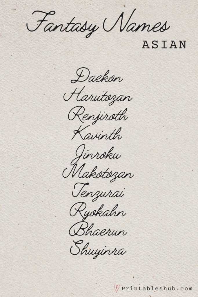 Printable list of asian fantasy names