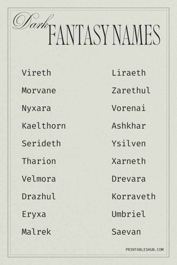 Printable list of dark fantasy names