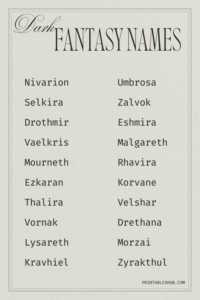 Printable list of dark fantasy names