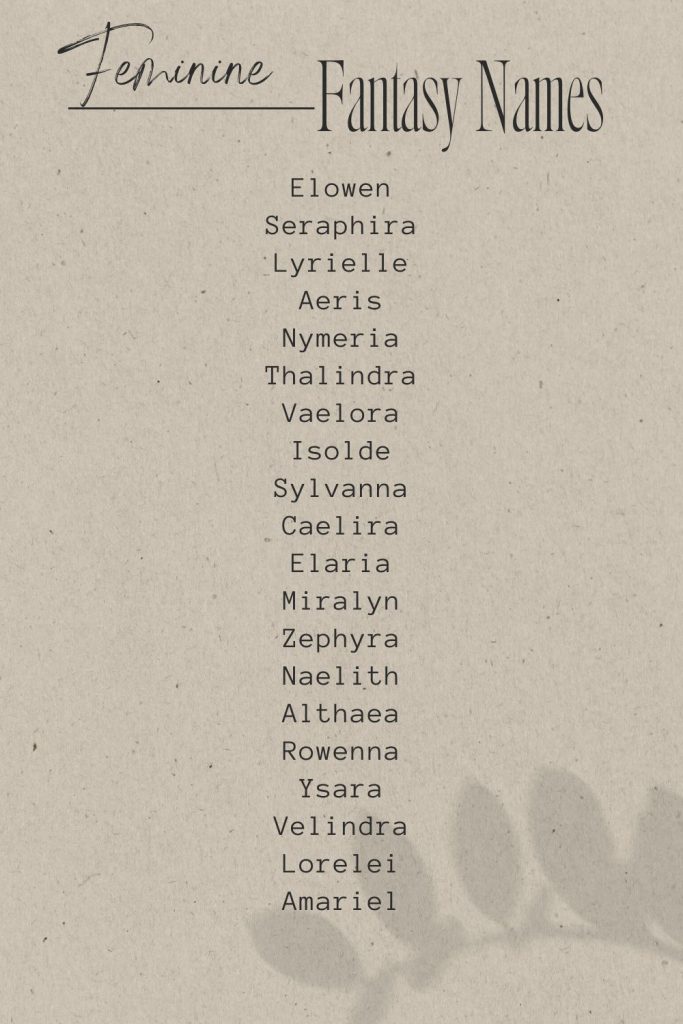 Printable list of feminine fantasy names