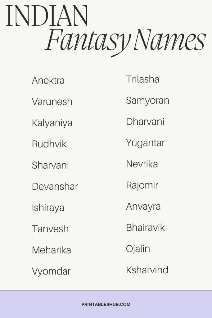 Printable list of indian fantasy names