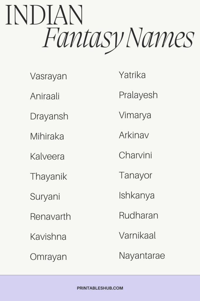 Printable list of indian fantasy names