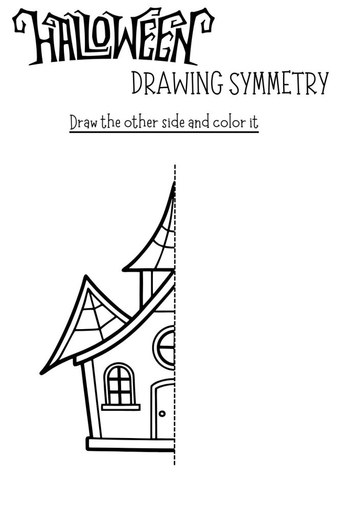 Printable Halloween Symmetry Drawing Worksheet - haunted house
