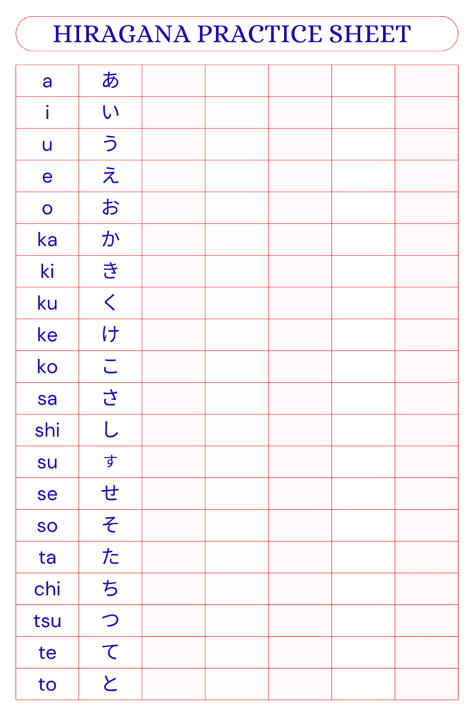 Printable Blank Hiragana Practice Chart