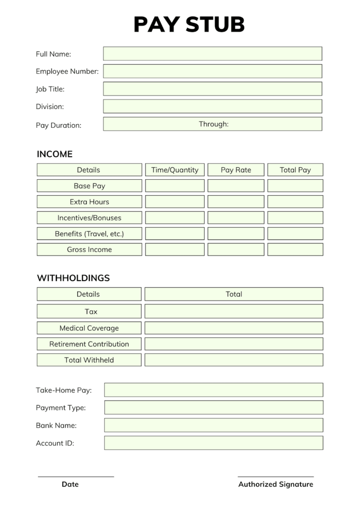 Printable Blank Pay Stub Templates