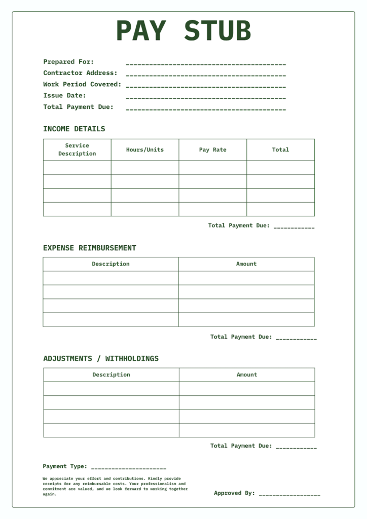 Printable Blank Pay Stub Templates