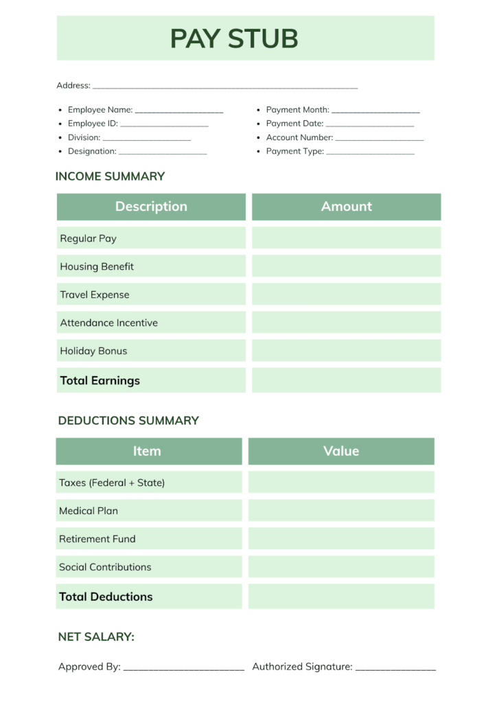 Printable Blank Pay Stub Templates
