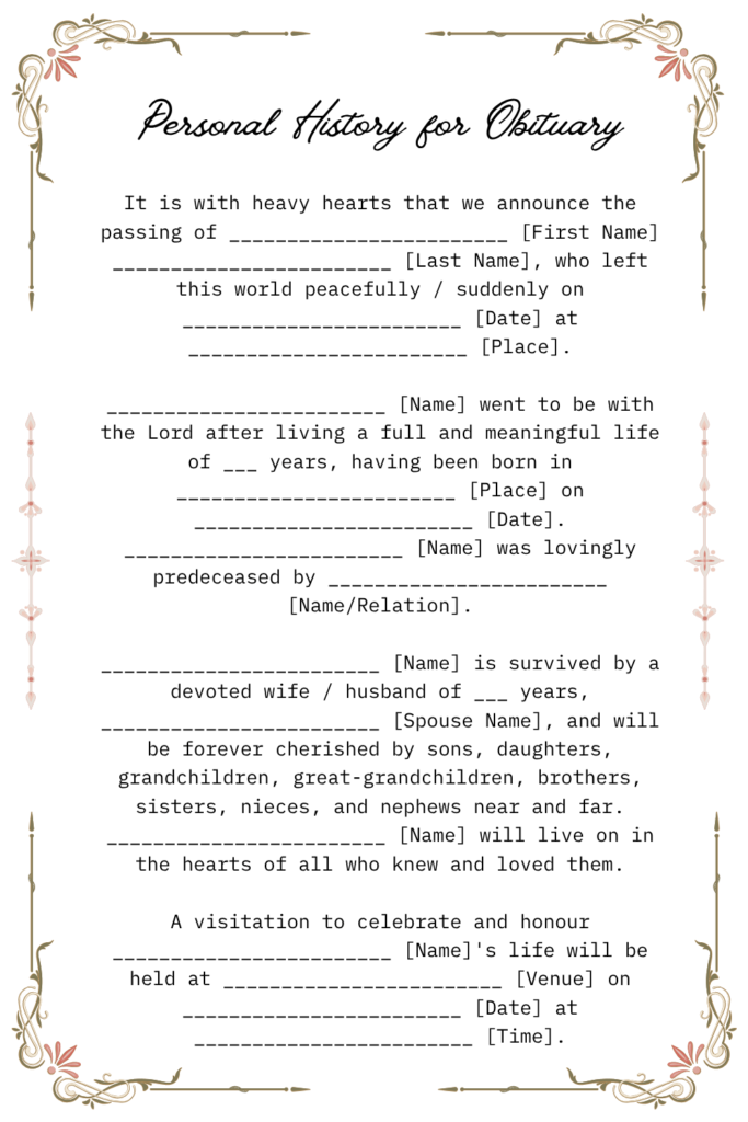 Printable Blank Obituary Template