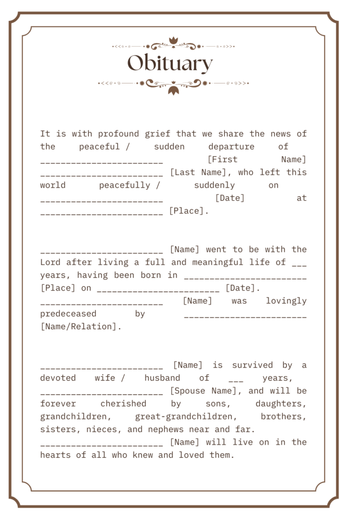 Printable Blank Obituary Template