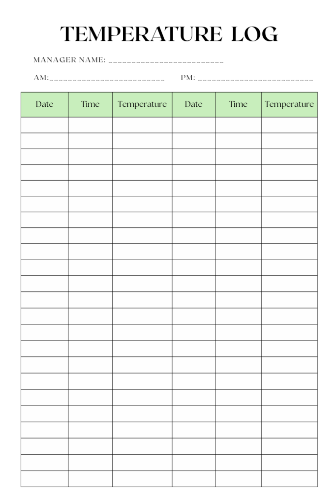 Printable Temperature Log Template