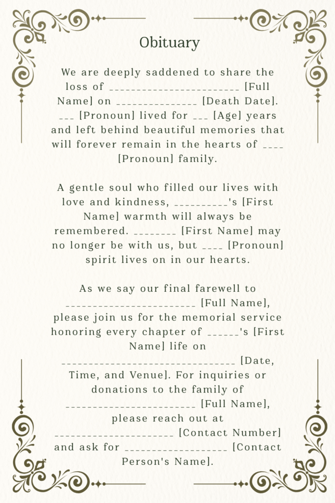 Printable Blank Obituary Template