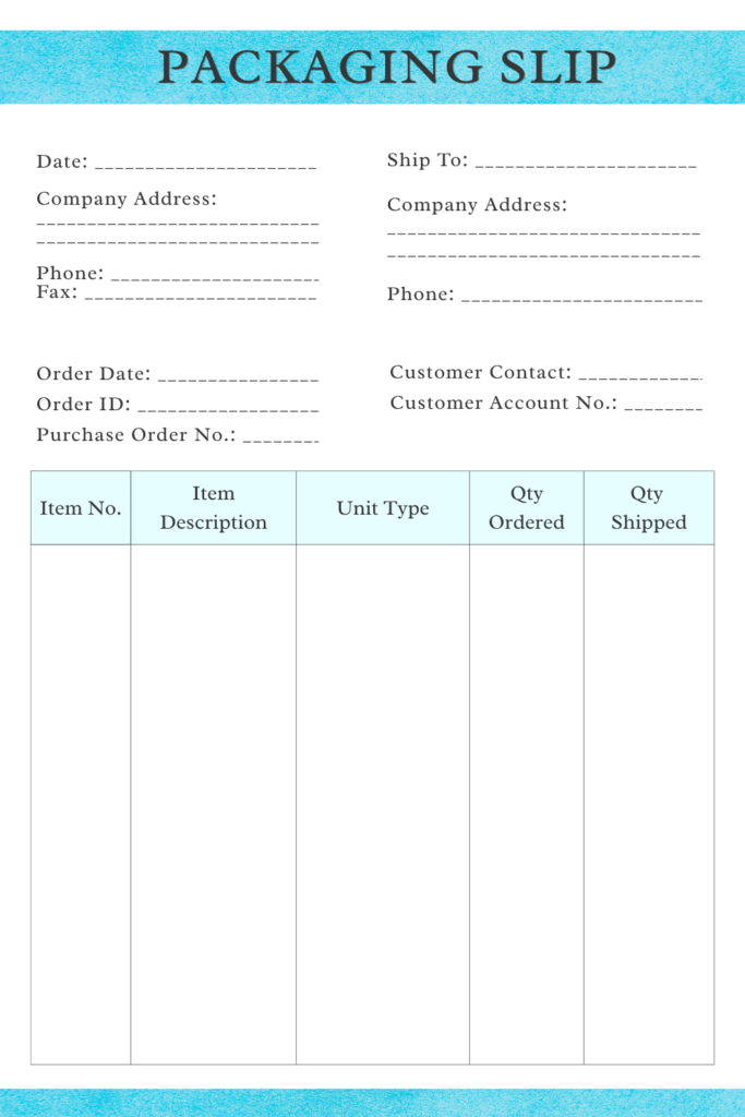 Printable Shipping Packing List Template