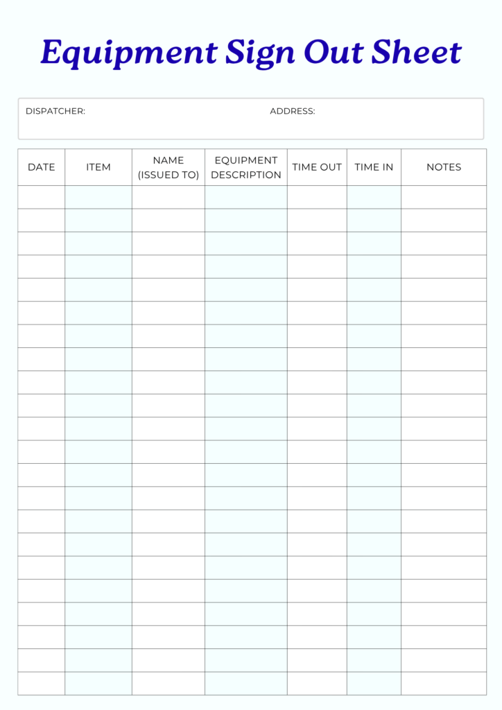 Equipment Sign Out Sheet Templates
