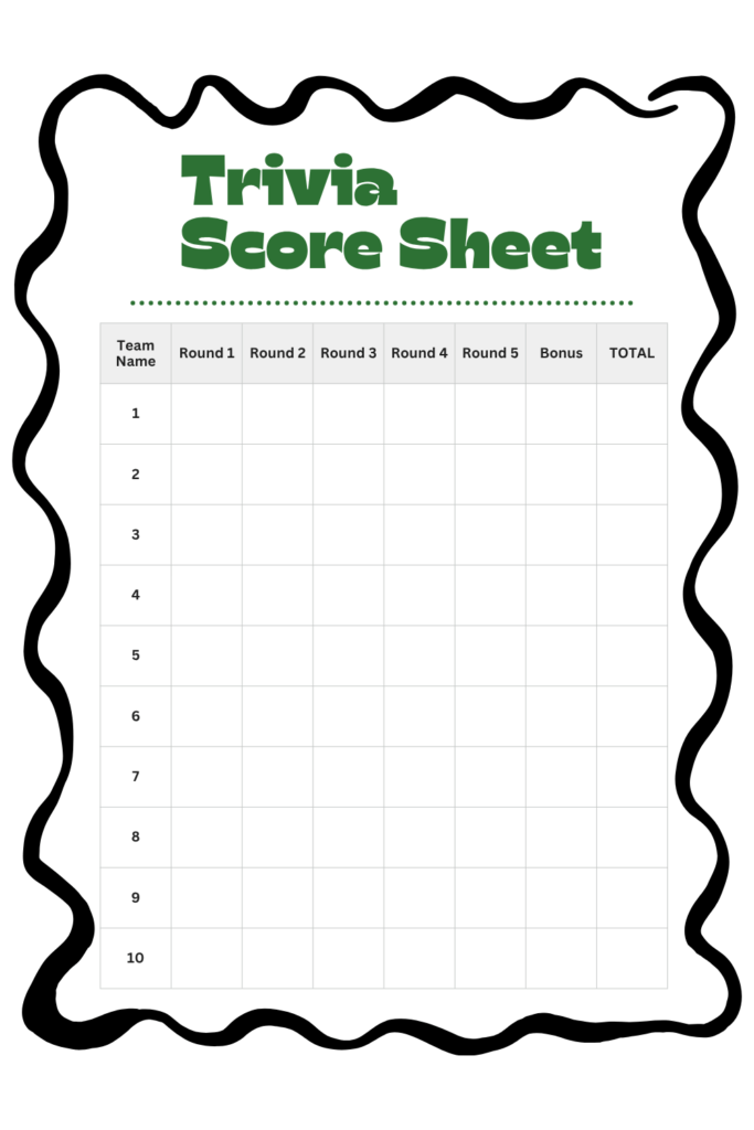 Printable Trivia Score Sheet Template