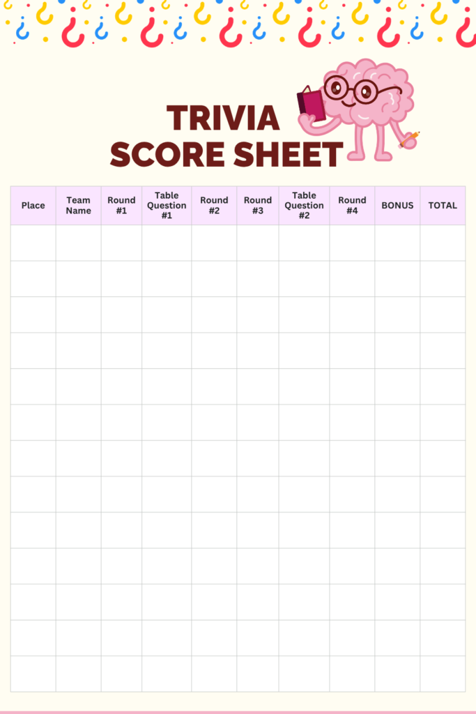 Printable Trivia Score Sheet Template