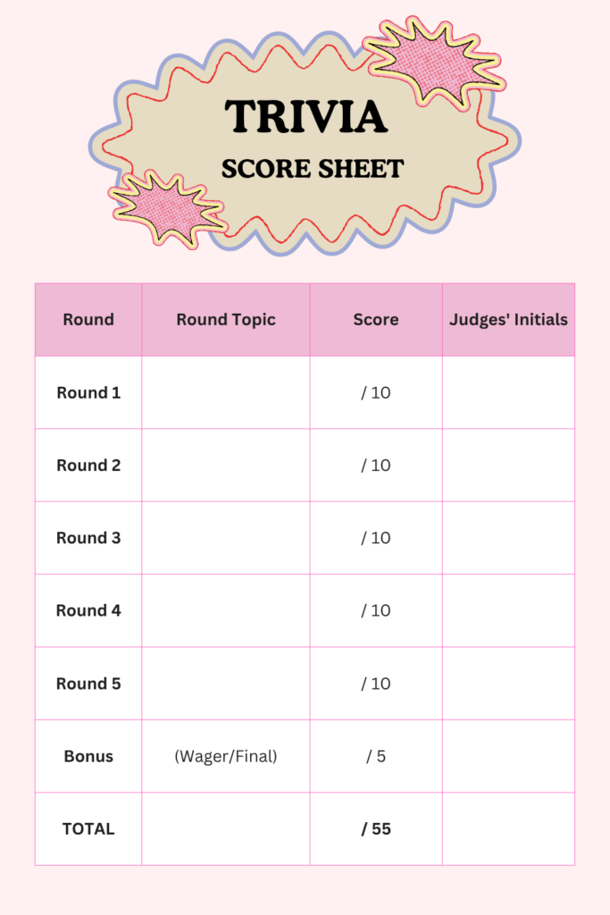 Printable Trivia Score Sheet Template