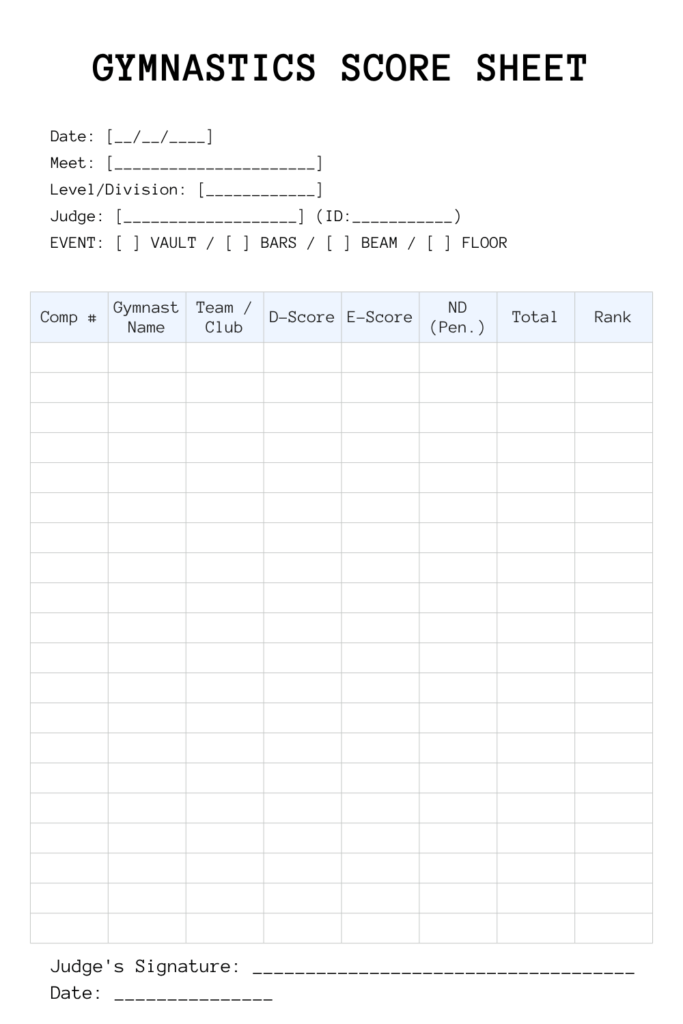Printable Gymnastics Score Sheet
