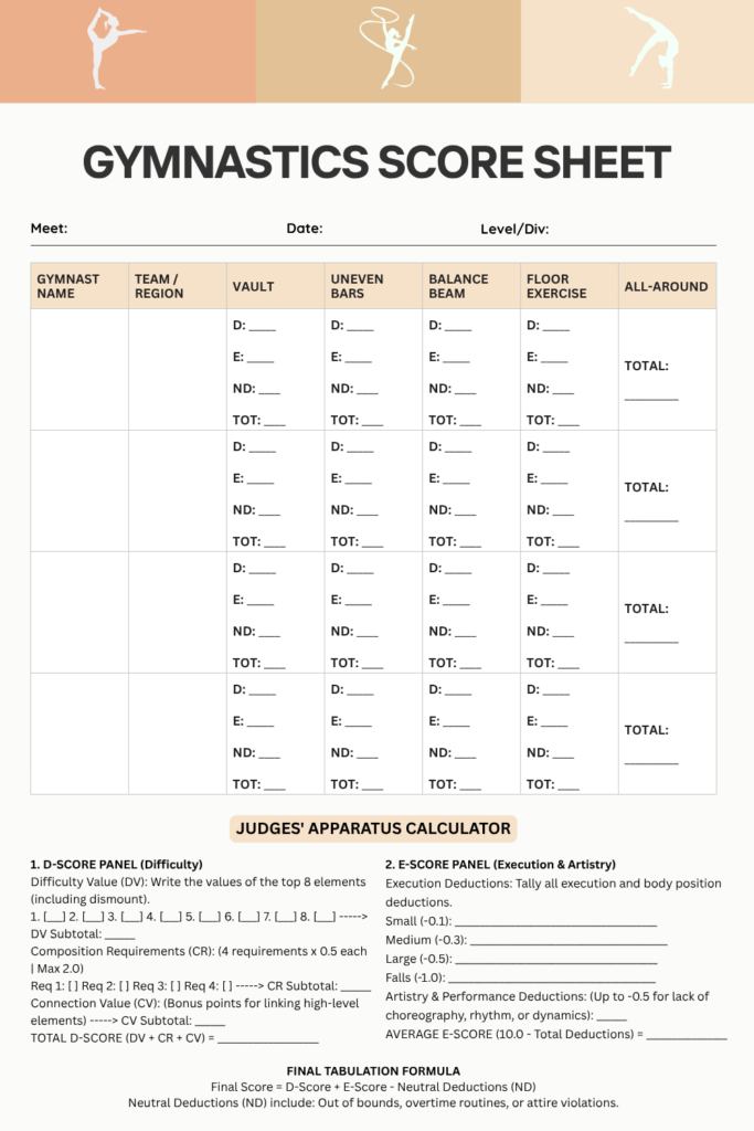 Printable Gymnastics Score Sheet