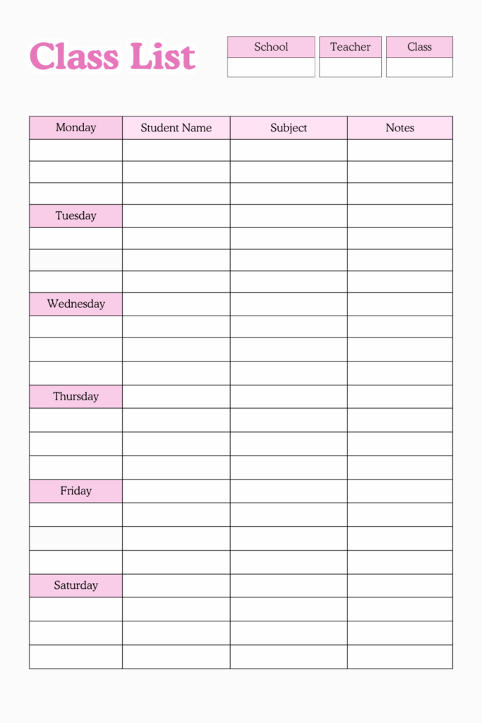 Printable Class Roster Template