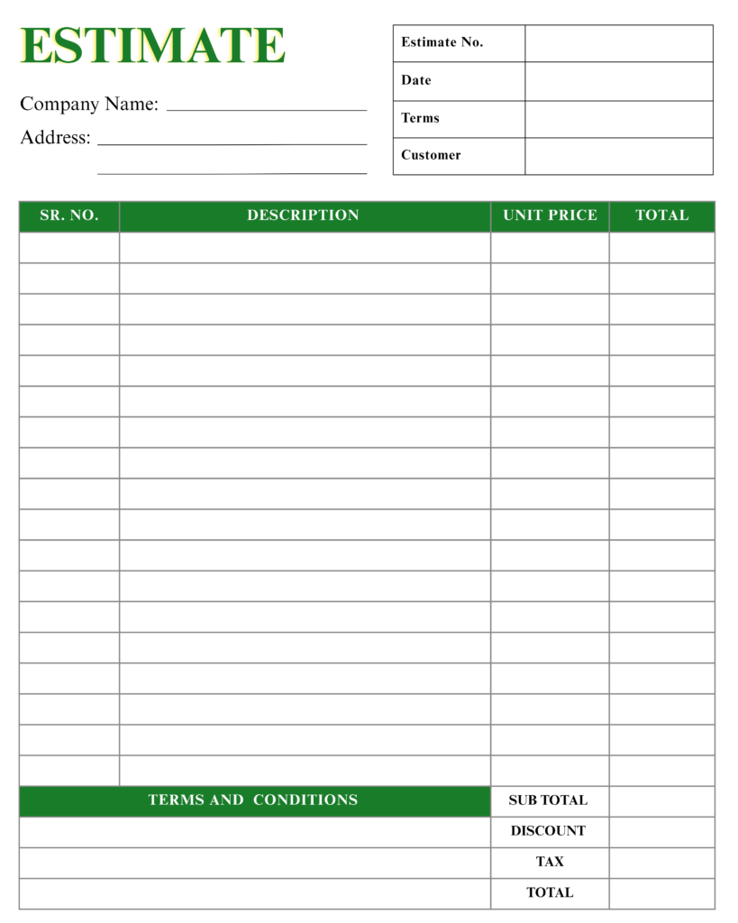 Printable Blank Estimate Form 