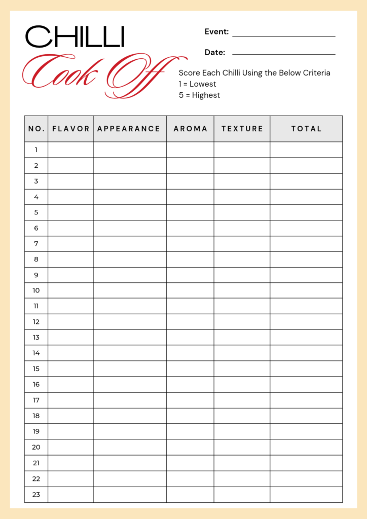 Printable chili cookoff judging sheet template