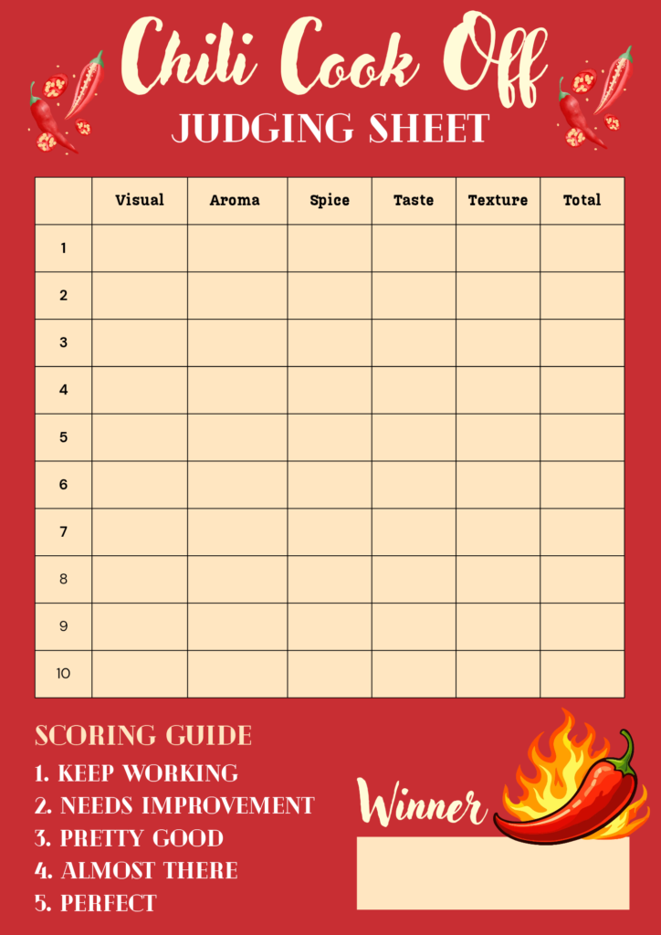 Printable chili cookoff judging sheet template
