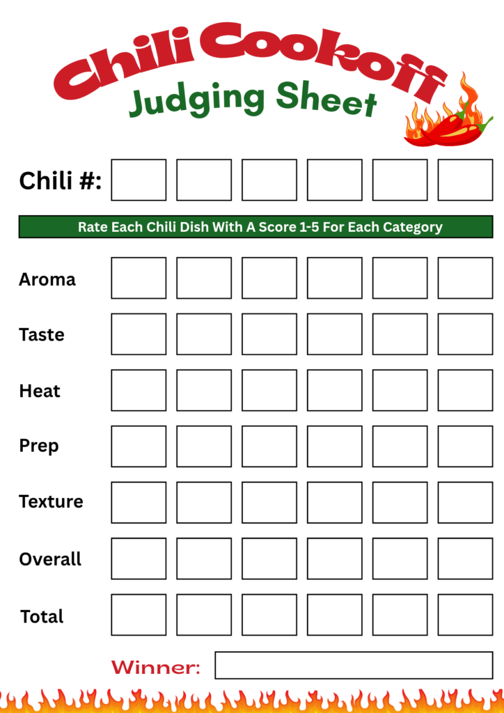 Printable chili cookoff judging sheet template