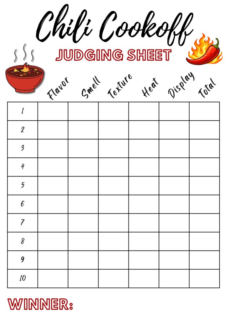 Printable chili cookoff judging sheet template
